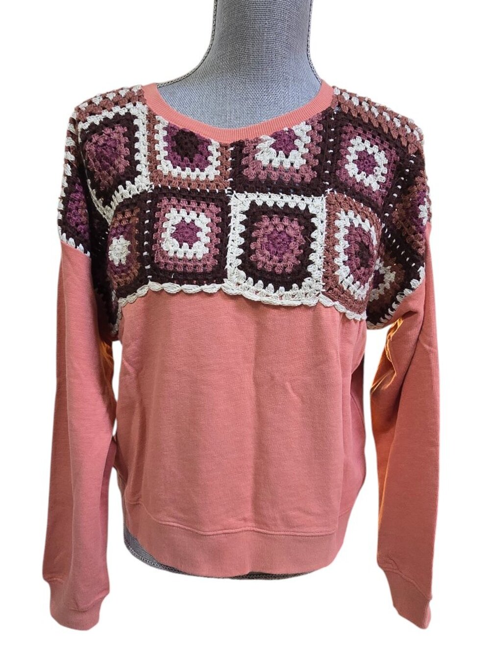 Lucky Brand Crochet Yoke Cotton Sweatshirt XS NWT